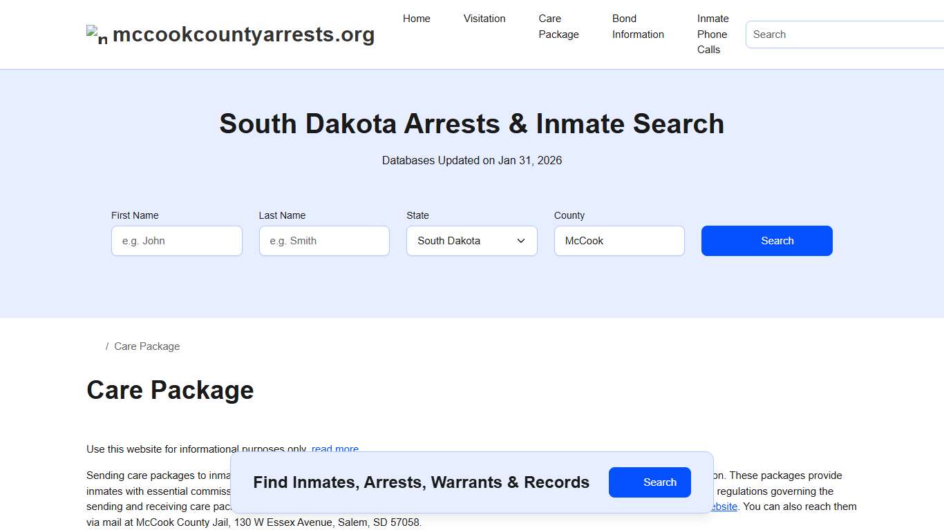 Inmate Care Package - McCook County Jail, SD