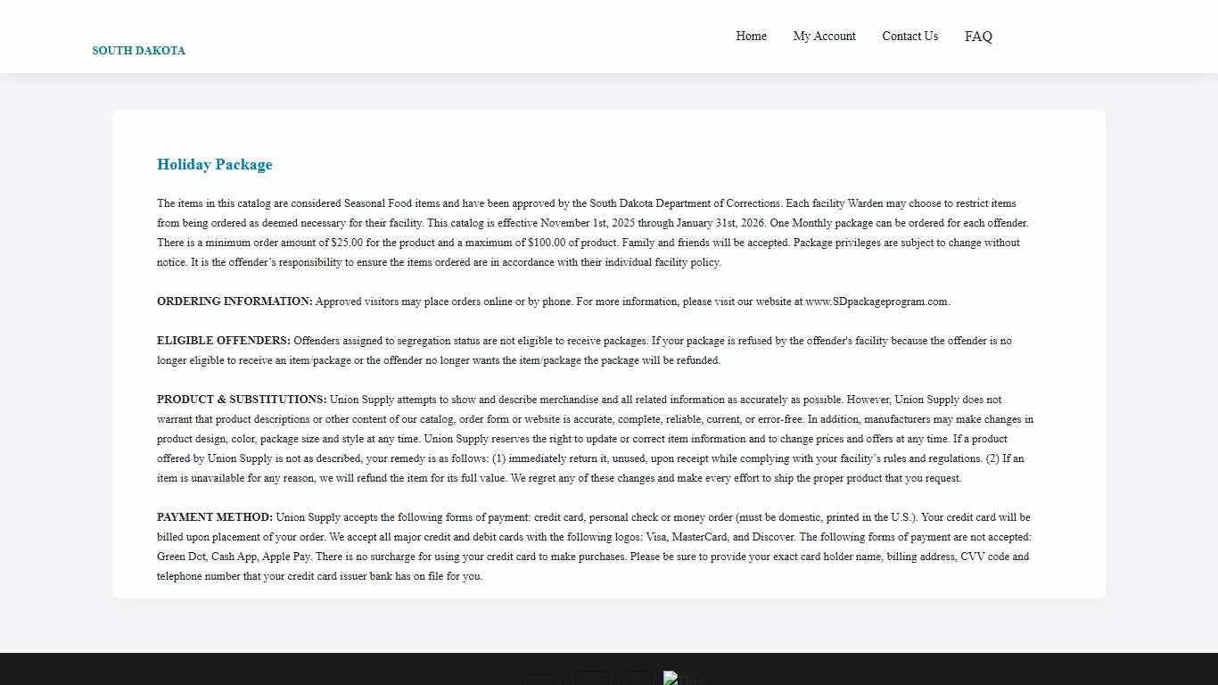 Union Supply Direct - South Datoka Inmate Package - Rules and Regulations